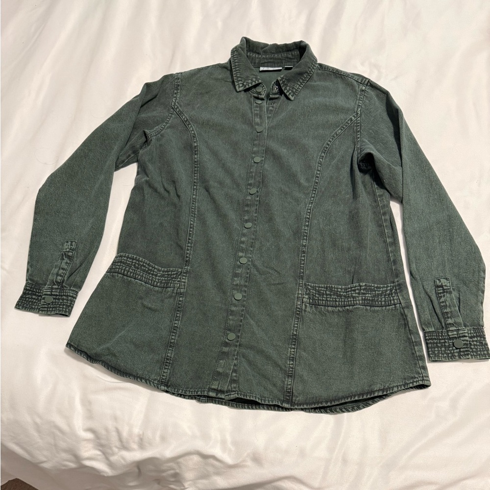 Women’s Joan Rivers Denim Shirt Jacket with Seam Detail, Sz, S, Evergreen